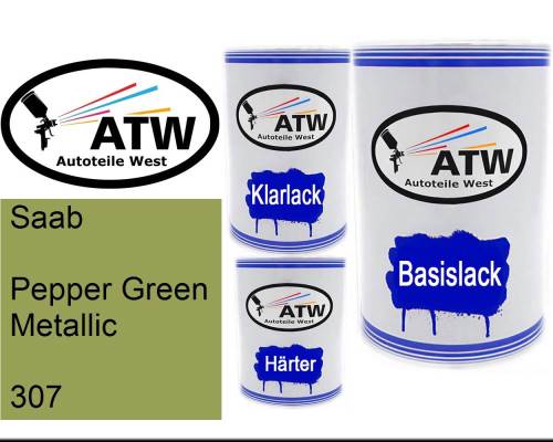 Saab, Pepper Green Metallic, 307: 500ml Lackdose + 500ml Klarlack + 250ml Härter - Set, von ATW Autoteile West.